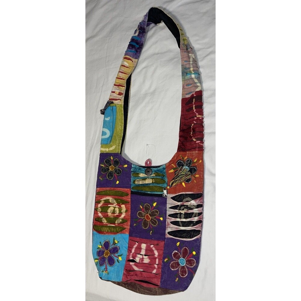 India Boutique Boho Bag Purse Croasbody Zip Button Floral Large